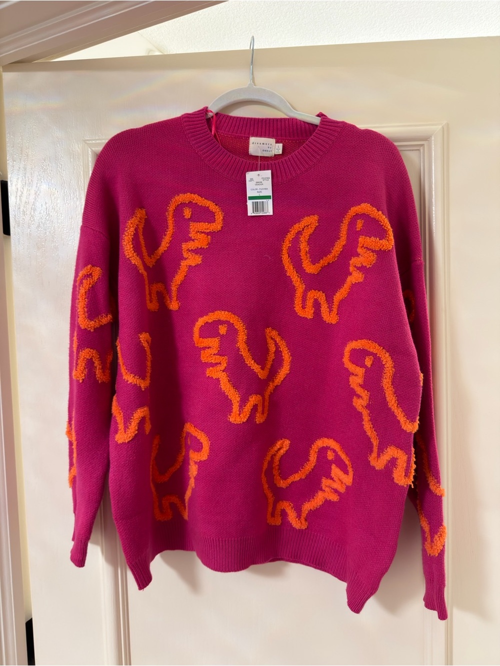 Crewneck Sweater with Orange Dino Motif in Hot Pink